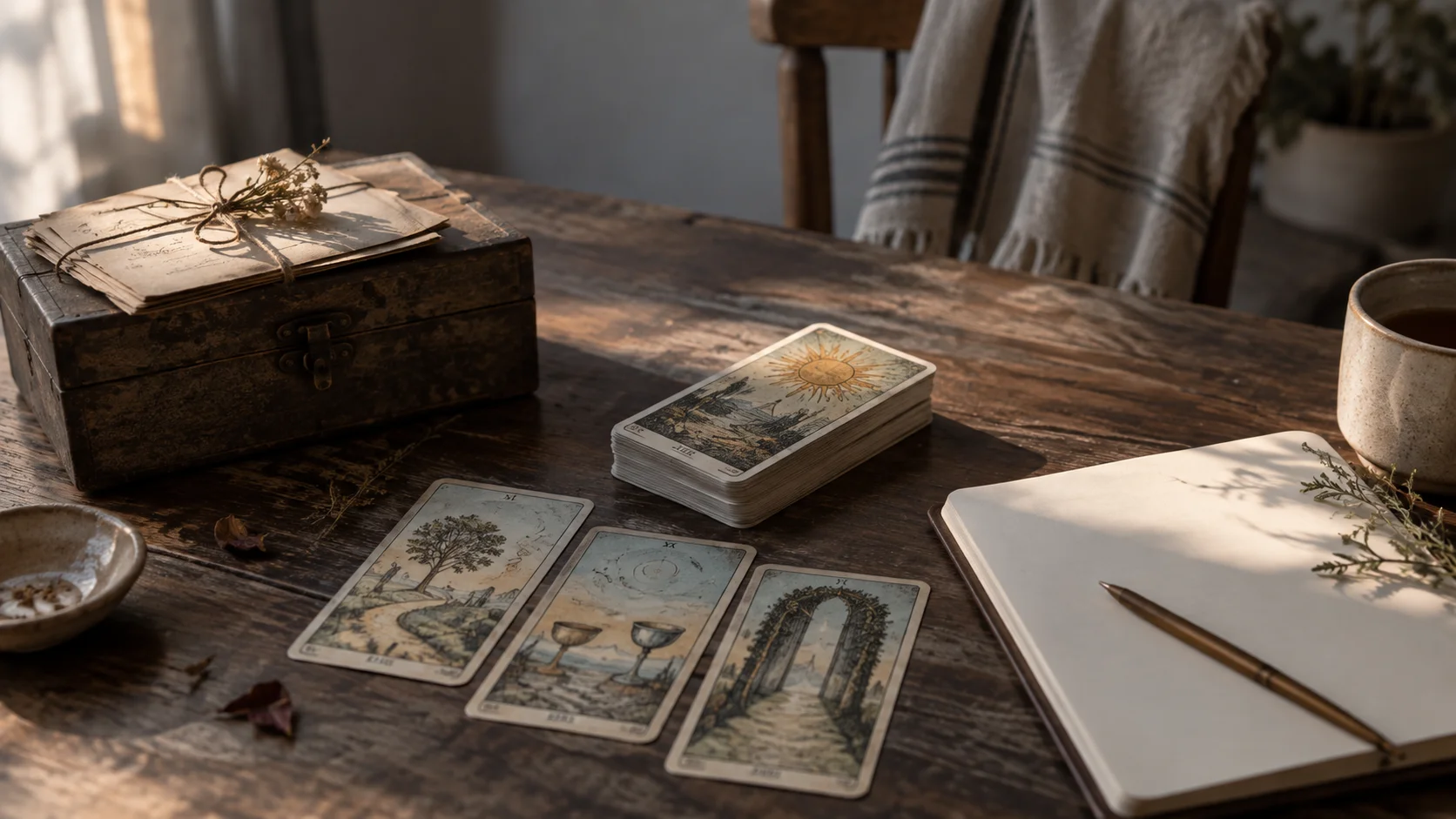 Dos sillas frente a frente con una baraja de tarot sobre una mesa