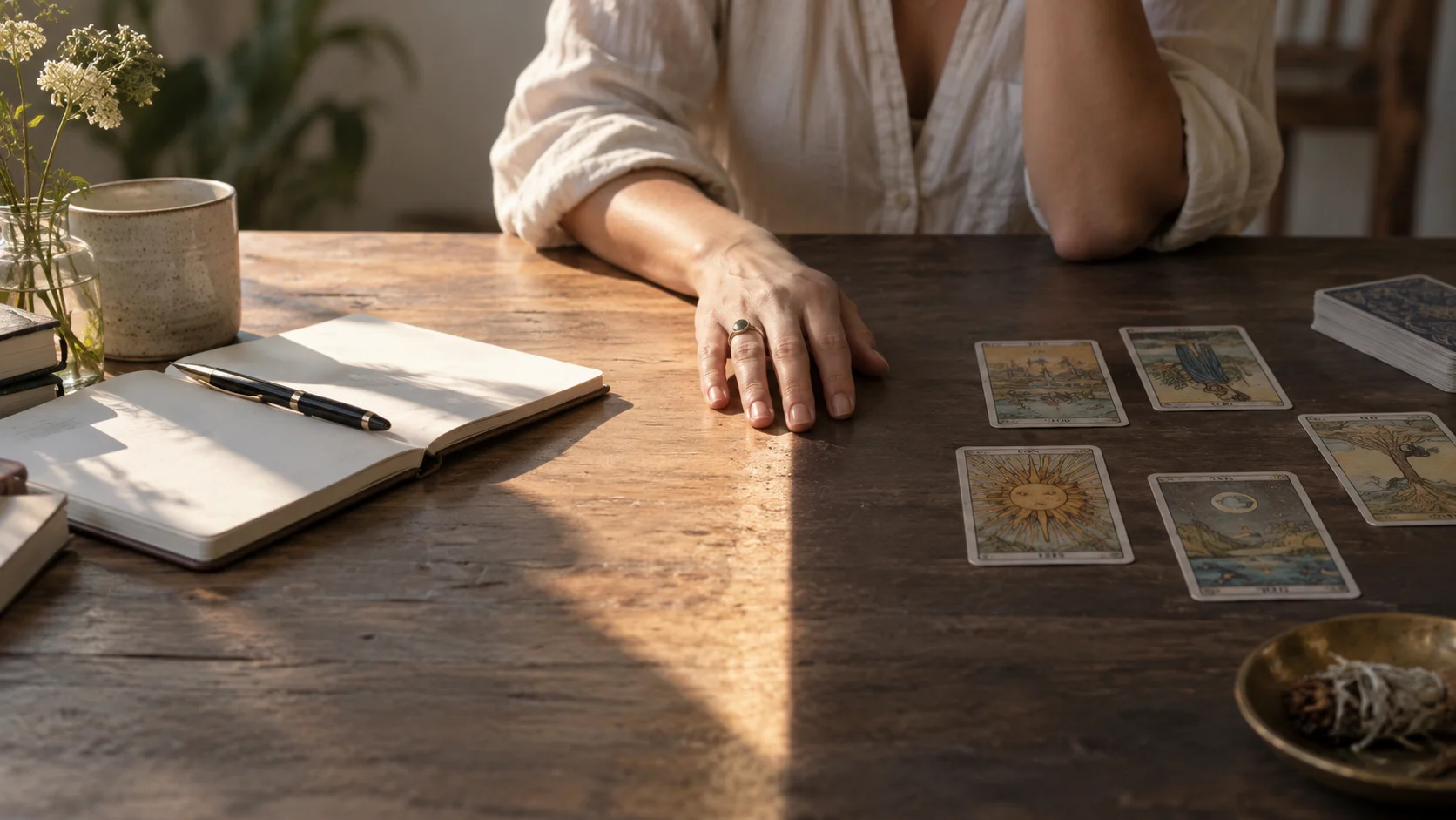 Puerta entreabierta con luz natural y una carta de tarot apoyada en el marco