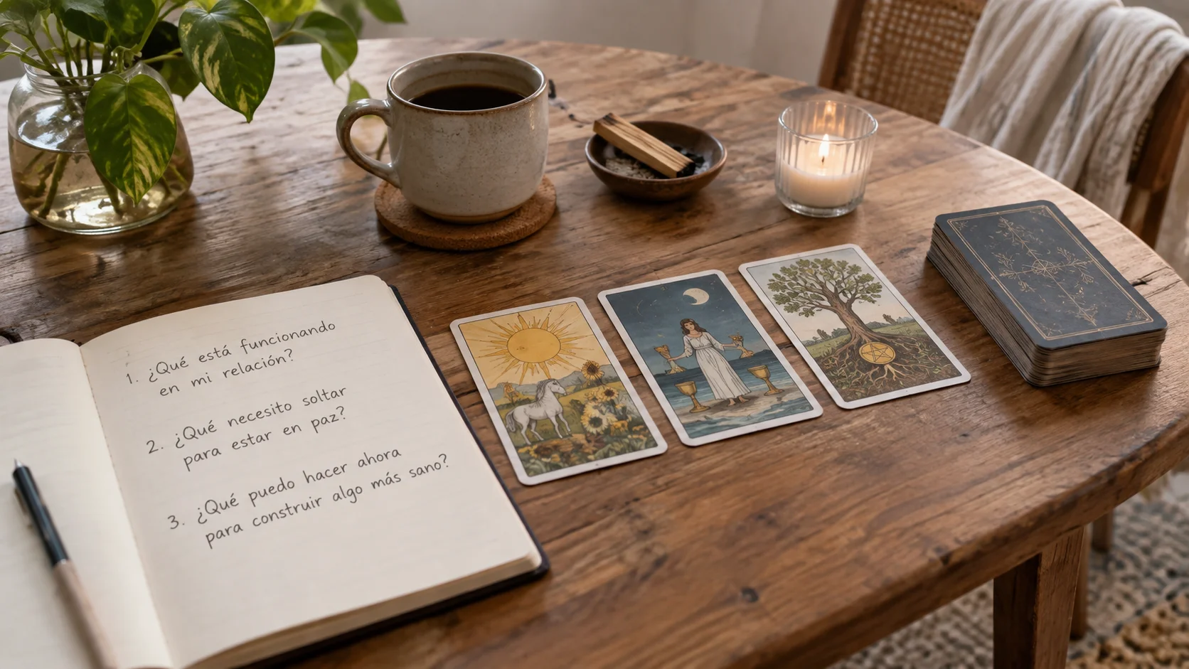 Cuaderno abierto junto a cartas de tarot en una mesa serena