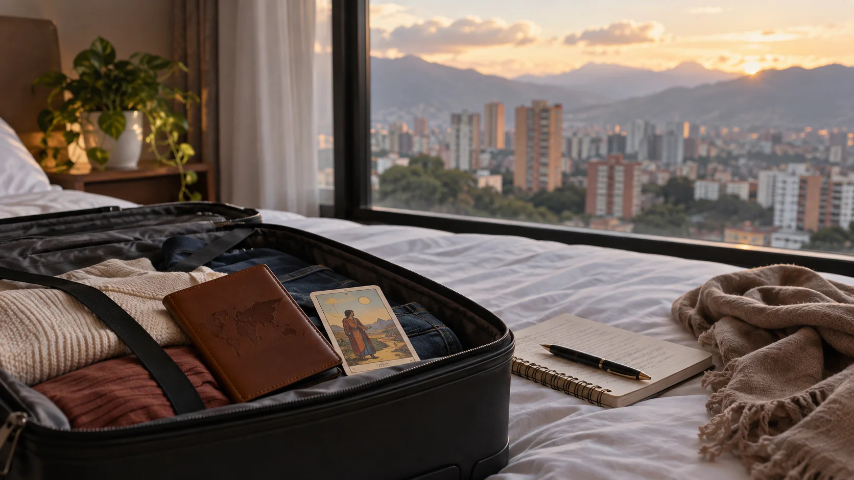 Maleta junto a una ventana con mapa de Venezuela y cartas de tarot