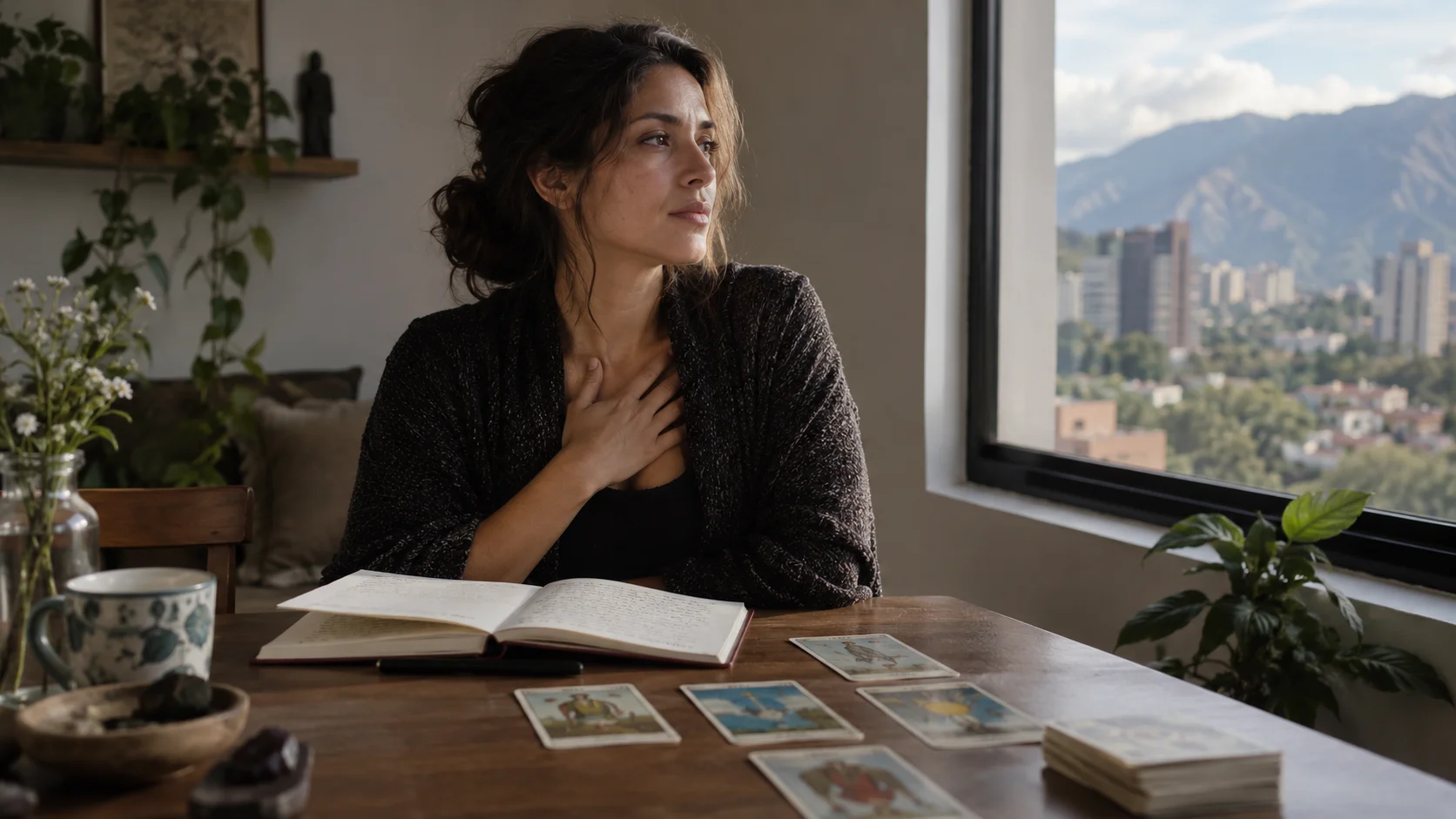 Persona en silencio junto a una ventana con una carta de tarot y luz suave