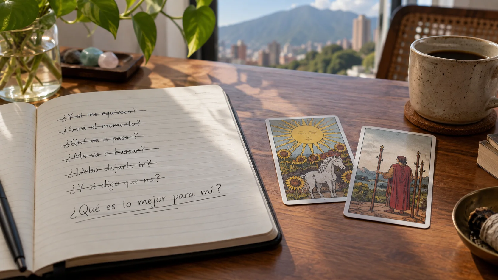 Cuaderno con signos de interrogación y una baraja de tarot a un lado