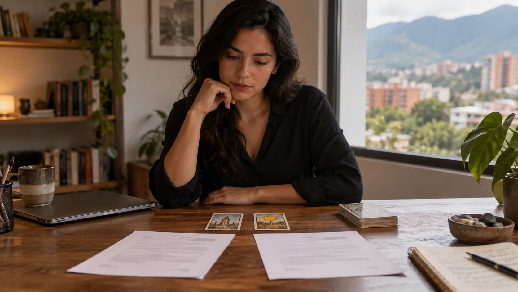 Escritorio con carta de renuncia, libreta y cartas de tarot discretas