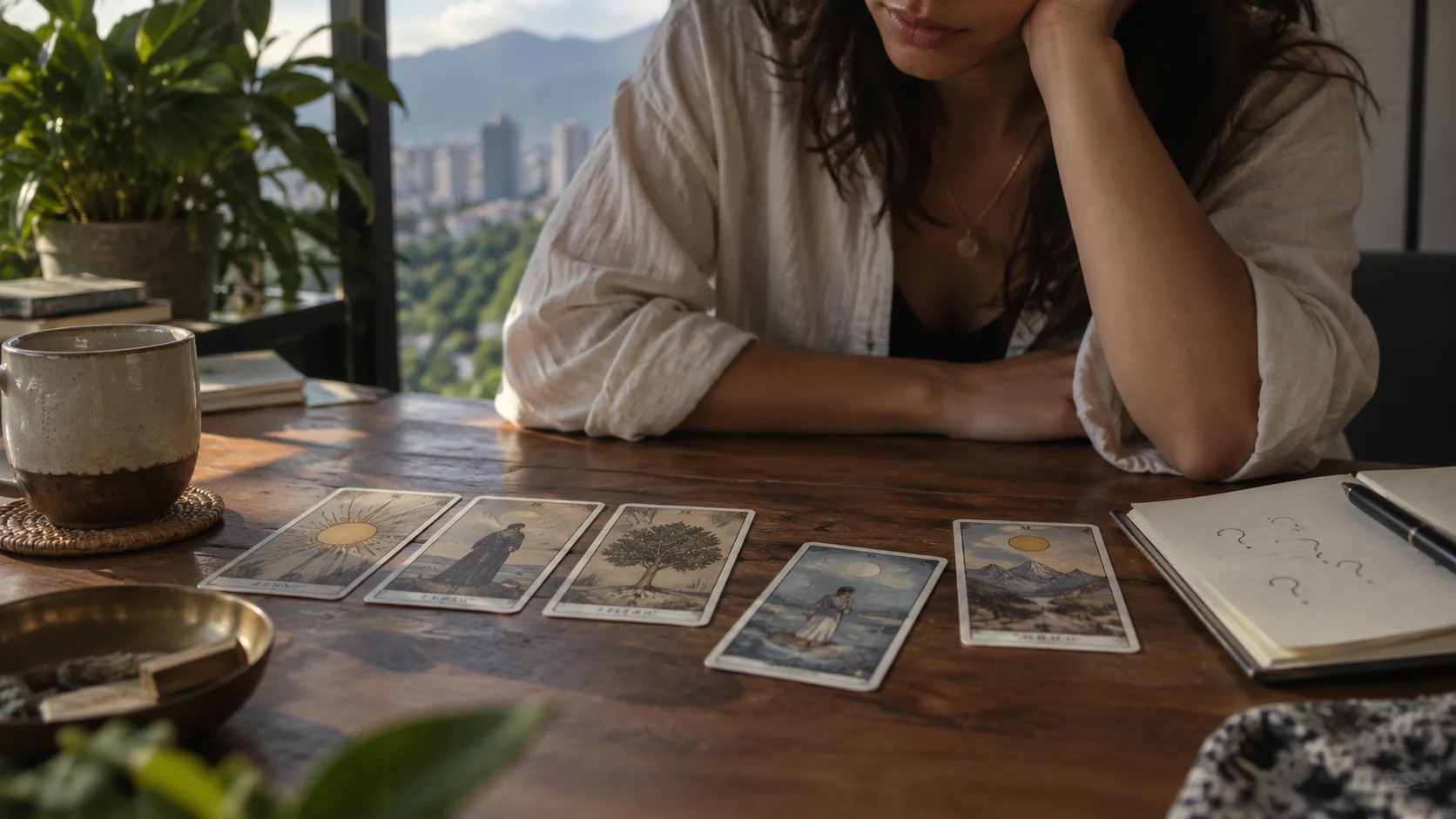Carta de tarot ligeramente fuera de una disposición ordenada