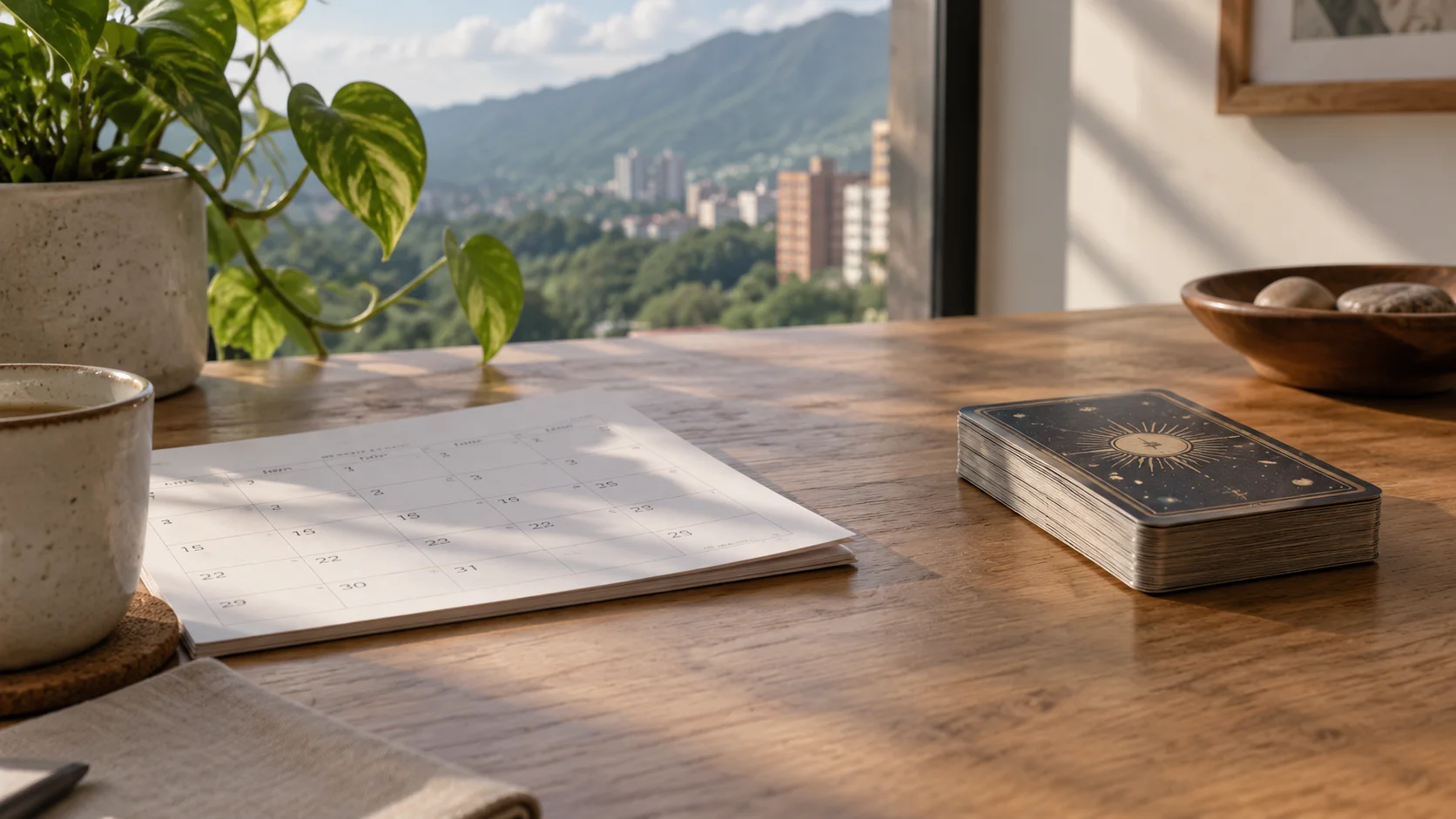 Calendario y cartas de tarot sobre una mesa con luz natural