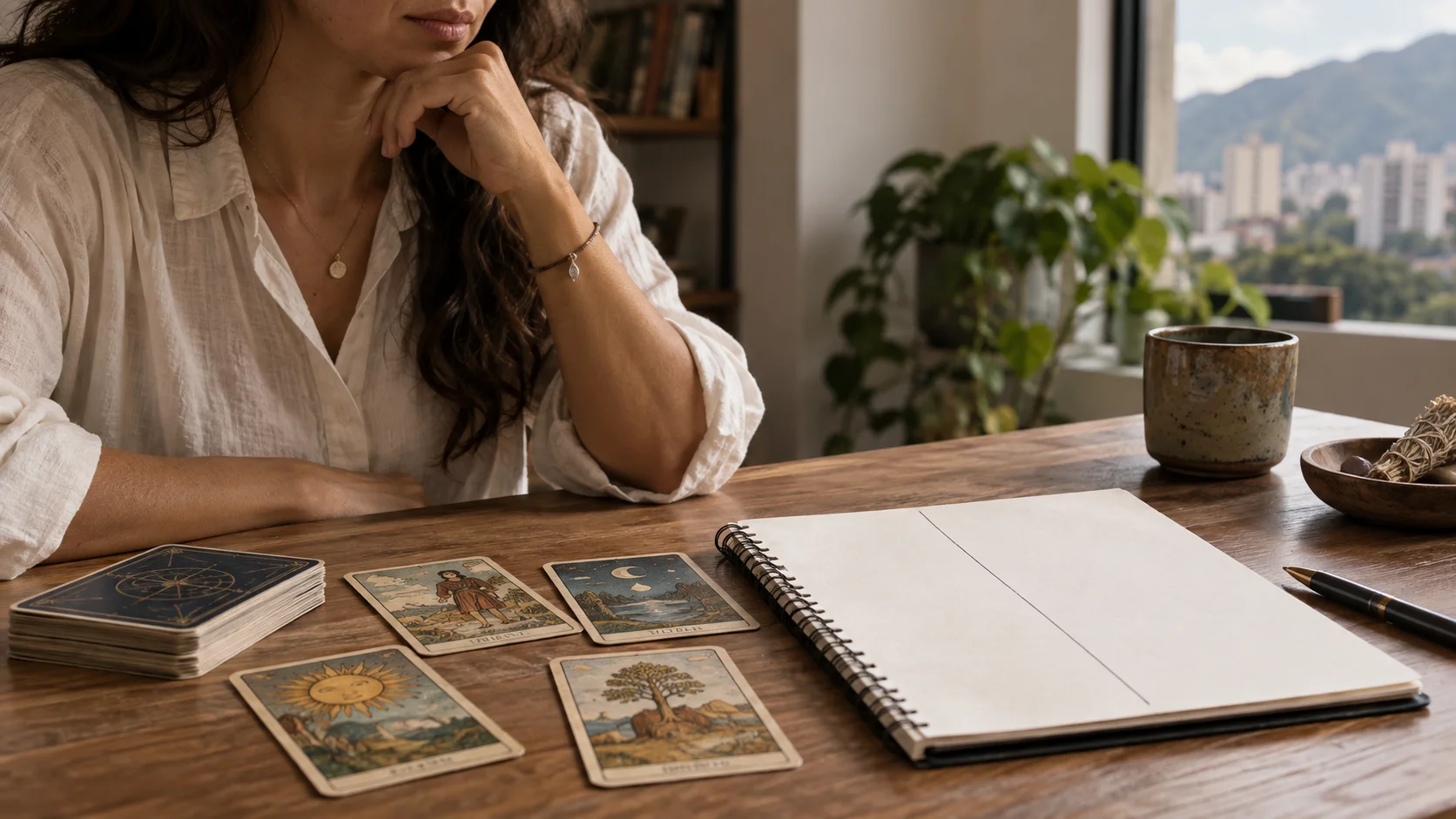 Cartas de tarot junto a una libreta cerrada con composición sobria