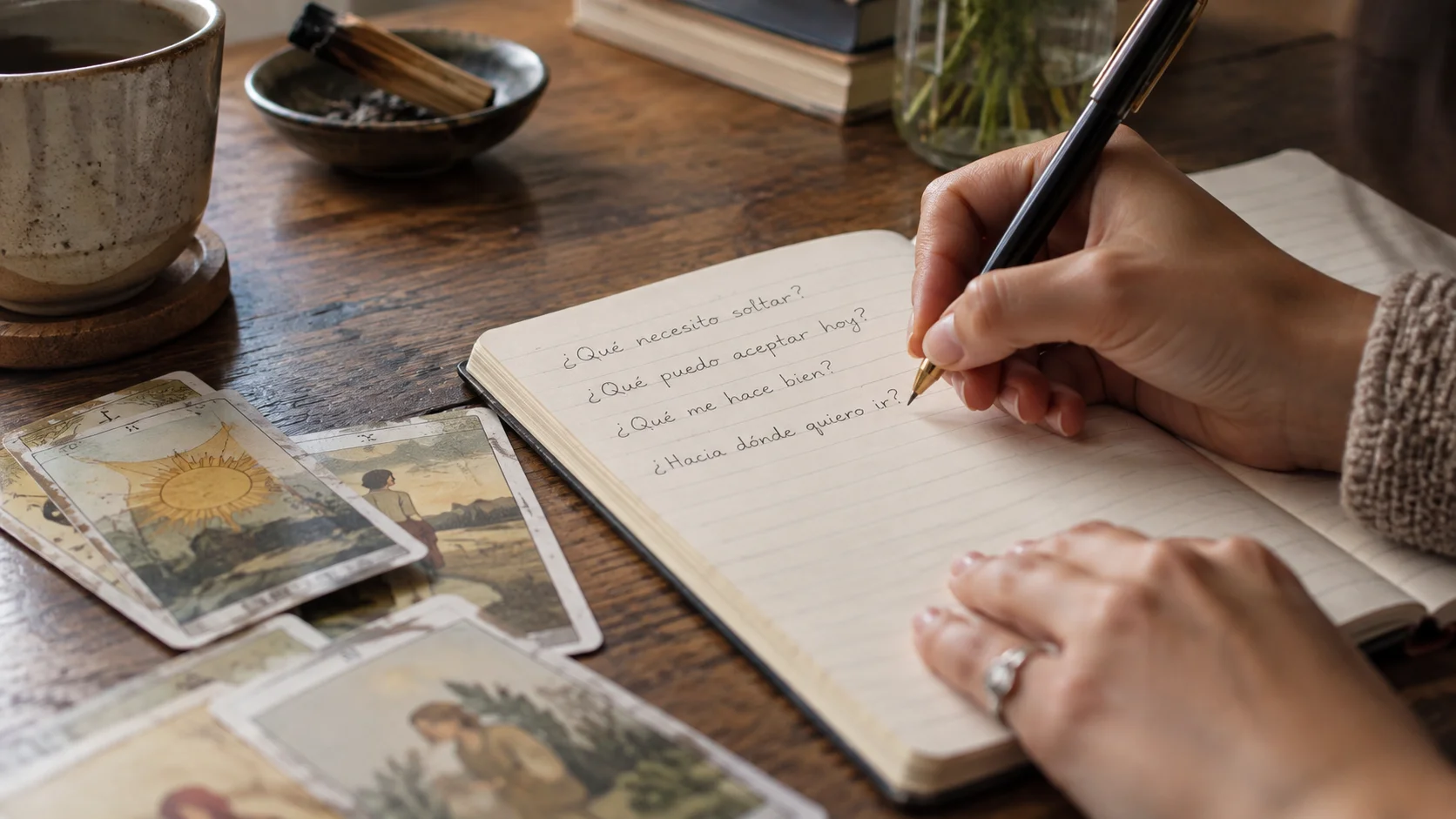 Hoja con preguntas escritas a mano junto a una baraja de tarot