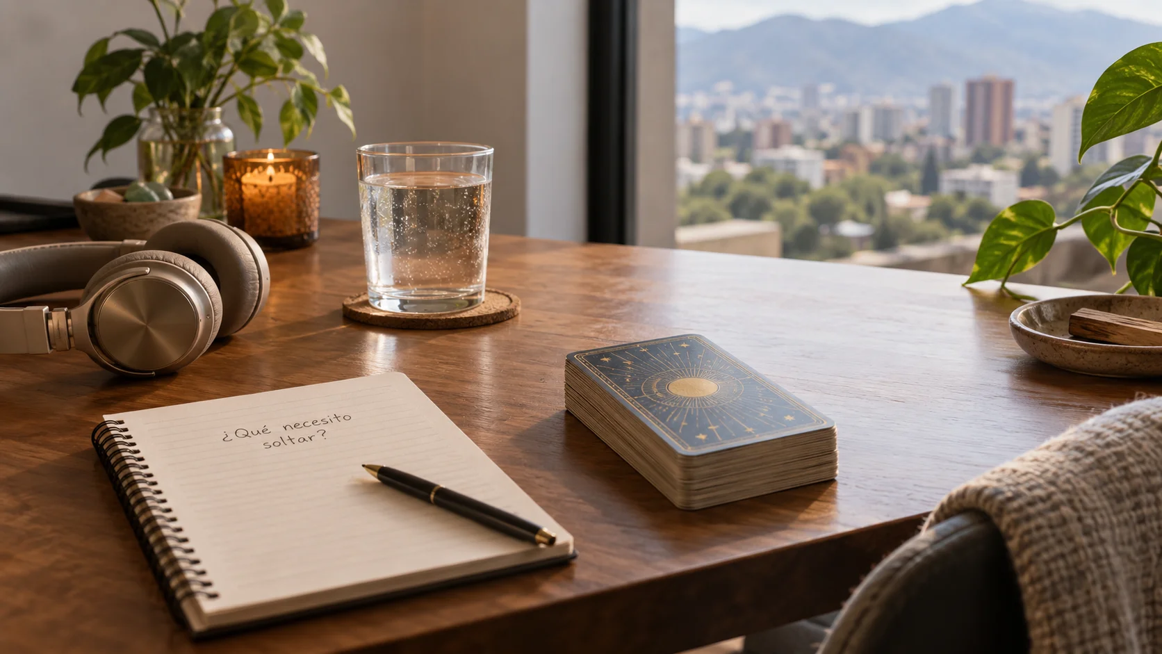 Cuaderno, vaso de agua y cartas de tarot en una mesa ordenada