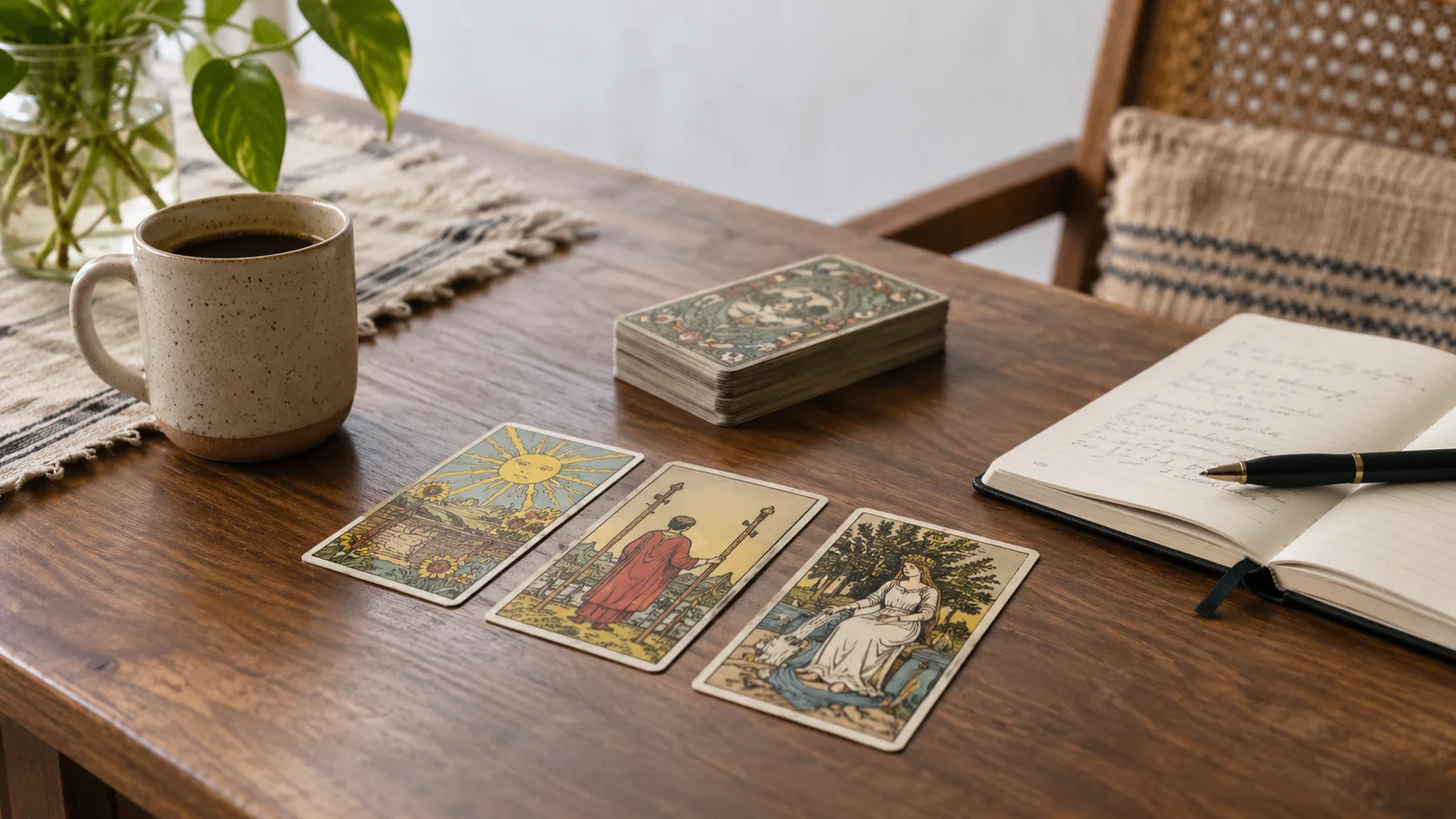 Baraja de tarot sobre una mesa junto a un cuaderno de reflexión