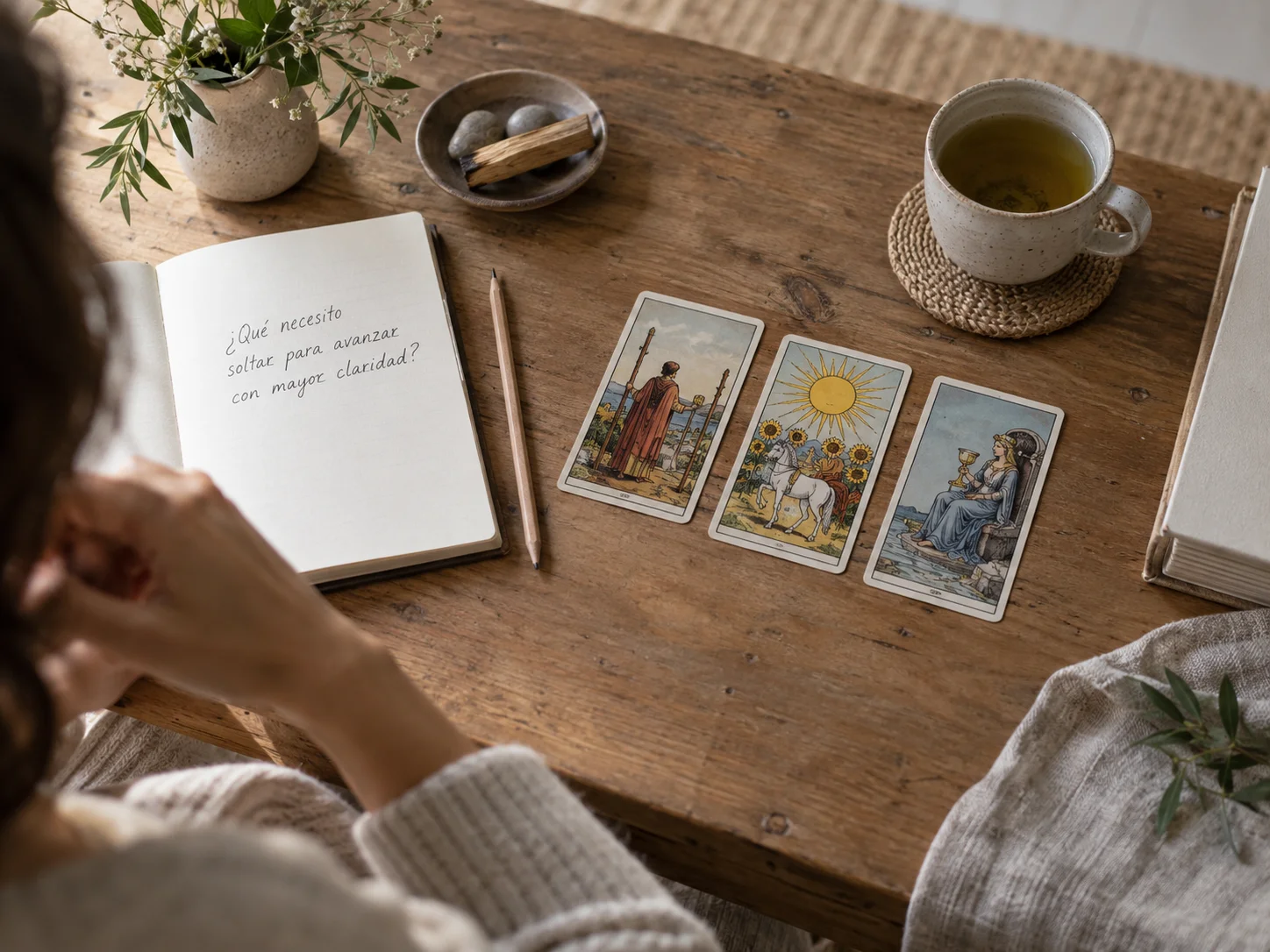 Consulta de tarot terapéutico en un ambiente íntimo y sobrio