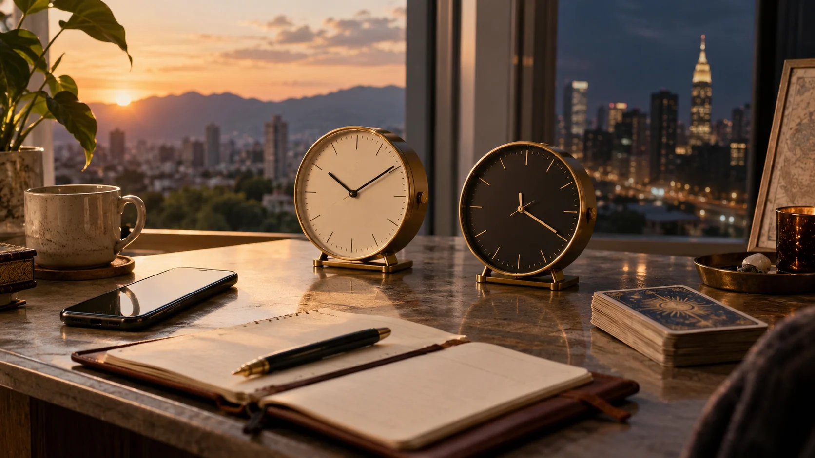Dos relojes sencillos junto a un teléfono y una baraja de tarot
