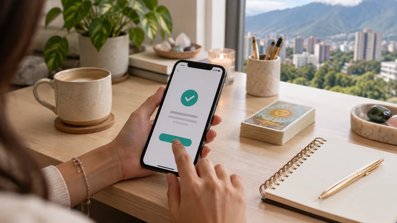 Teléfono con aplicaciones de pago y cartas de tarot discretas